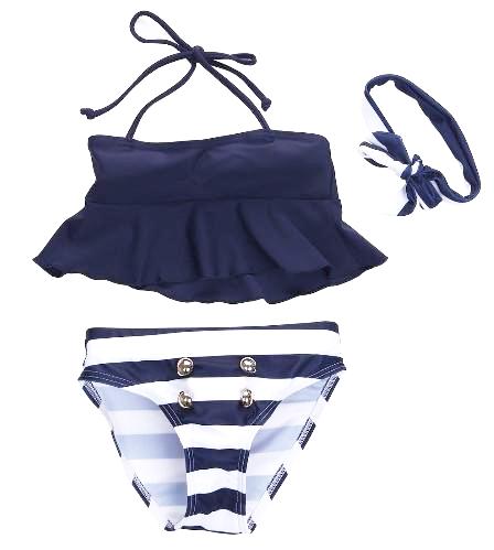Set includes nautical colored bottom with 4 gold buttons, navy halter top and nautical striped head wrap. 