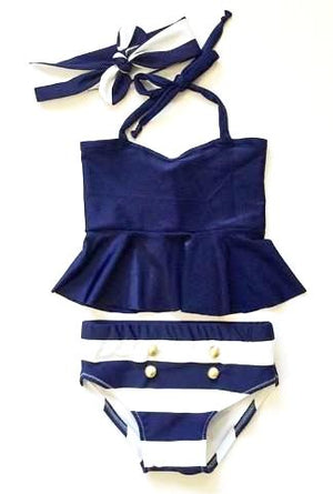 Set includes nautical colored bottom with 4 gold buttons, navy halter top and nautical striped head wrap. 