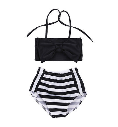 The Classic Coco comes as a two piece set. The top is a bow halter with two strappy tie backs and the bottom is a classic black and white stripe. 