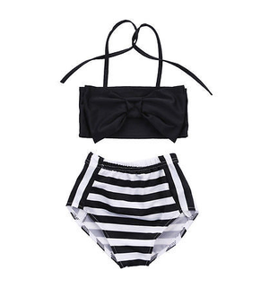 The Classic Coco comes as a two piece set. The top is a bow halter with two strappy tie backs and the bottom is a classic black and white stripe. 