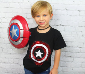 Superheroes unite! This awesome tee can be worn two ways with just the swipe of your hand. One side of sequins is Captain America and the other side is Spiderman. This shirt is so much fun to wear and looks adorable on! Calling all Superhero's - GIRLS and BOYS! 