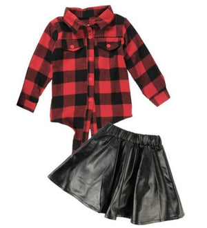 Sassy and Chic! This two piece set is a perfect twist on a typical Fall outfit. The set includes long sleeve top that ties in a knot in the front and a leather skirt (headband sold separately). Your little diva will feel like a Rockstar in her adorable sassy plaid skirt set. 