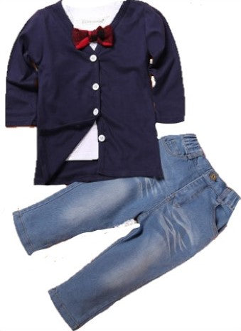 4 Piece Set Includes: Navy Cardigan, Red Bow Tie, Jeans, Short Sleeve Collared Shirt