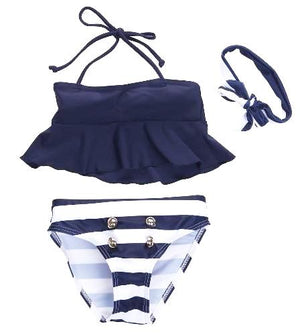 
            
                Load image into Gallery viewer, Set includes nautical colored bottom with 4 gold buttons, navy halter top and nautical striped head wrap. 
            
        