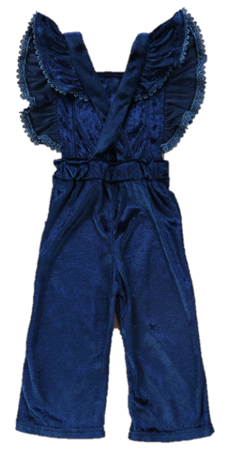 
            
                Load image into Gallery viewer, This Gorgeous crushed velvet blue romper is a Fall must have! The sleeves are fluttered which gives it a dramatic look and the back criss crosses. This can be worn without anything underneath or with a flowy top!
            
        