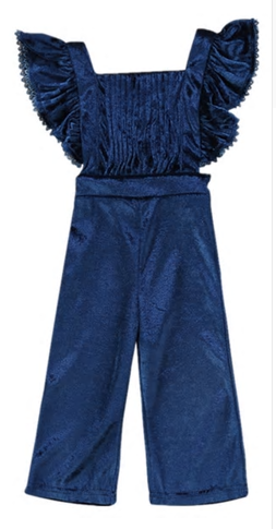 
            
                Load image into Gallery viewer, This Gorgeous crushed velvet blue romper is a Fall must have! The sleeves are fluttered which gives it a dramatic look and the back criss crosses. This can be worn without anything underneath or with a flowy top!
            
        