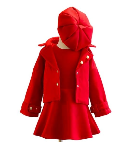 The Madeline 3 Piece set is a holiday must have! It is gorgeous. This 3 piece set comes with the sleeveless dress, collared jacket and cap. The vibrant red color will have your little diva stand out at any party she attends. Pair this with our knee high socks to complete the look. This suit is absolutely darling.