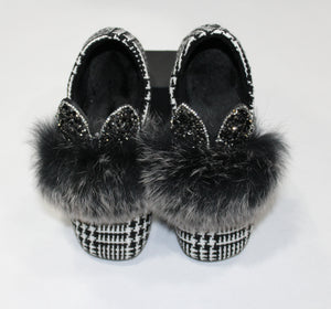 
            
                Load image into Gallery viewer, faux fur bunny ear shoes. The bunny ears are filled with black and charcoal rhinestones. 
            
        