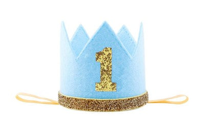 This crown is wrapped in Blue with gold glitter 1 across the top. The dimensions are 8cm wide & 7.3 cm high.