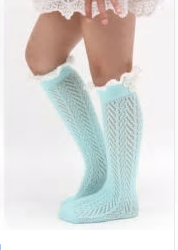 
            
                Load image into Gallery viewer, Our Knee High socks can be worn by mini fashionista&amp;#39;s ages 3-6. We have two colors; Powder Blue and Pink. Each sock comes with a white ruffle lace located at the top and a structured pattern throughout the entire sock. Add these adorable accessories to any skirt or long blouse to create a fabulous mini diva look! 
            
        