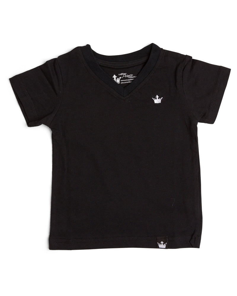 
            
                Load image into Gallery viewer, The Littlest Prince Black Crown Logo Tee is sleek and simple which allows you to style it how you please! You can dress it up with a sports jacket or keep it cool with a pair of jeans. It is a v-neck style which keeps your little man totally stylish. Available in baby, toddler and tween sizes!
            
        