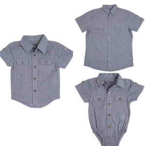 
            
                Load image into Gallery viewer, The Littlest Prince steel blue dress shirt can be worn casual with jeans or you can dress it up with one of our matching ties and bowties. This set is perfect for stylish brothers as well as for matching daddy!
            
        
