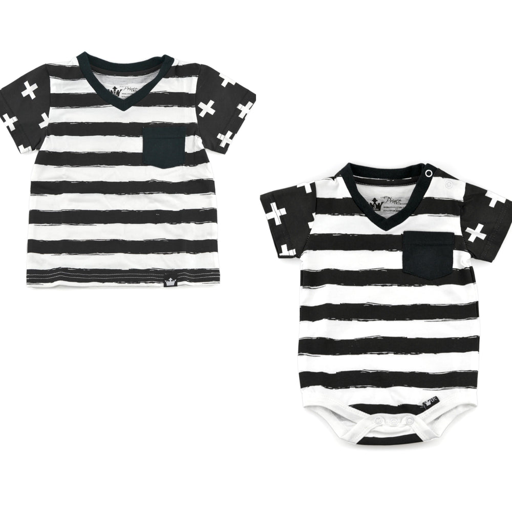 So stylish! So hip! This V-neck matching bodysuit and Tee is the perfect set for your budding fashion stars. We love matching brothers, cousins and besties! This is perfect for the upcoming nice weather and great for vacation getaways.
