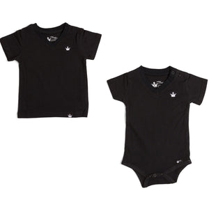 
            
                Load image into Gallery viewer, The Littlest Prince Black Crown Logo Tee is sleek and simple which allows you to style it how you please! You can dress it up with a sports jacket or keep it cool with a pair of jeans. It is a v-neck style which keeps your little man totally stylish. Available in baby, toddler and tween sizes!
            
        