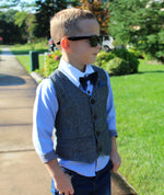 The Charlie 4 piece set is for the sophisticated little gentleman. This fashionable trendy toddler boy outfit comes with Long Sleeve Collared Shirt, Bowtie, Vest, and Jeans